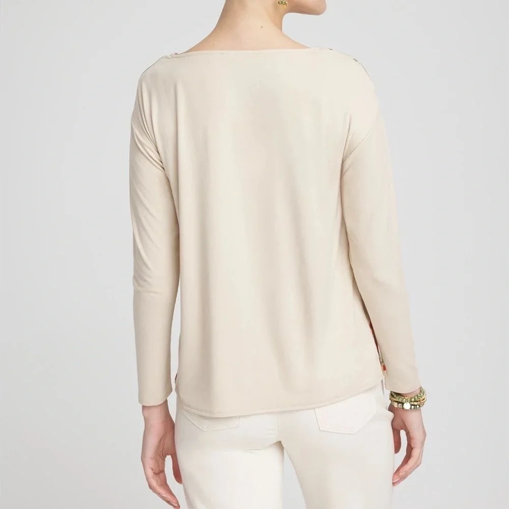 Chico's Women’s Satin Garden Long Sleeve Tee Size 3 XL Beige Floral Scoop Neck